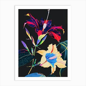 Neon Flowers On Black Morning Glory 3 Art Print