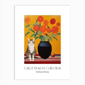 Cats & Flowers Collection Gerbera Daisy Flower Vase And A Cat, A Painting In The Style Of Matisse 1 Art Print
