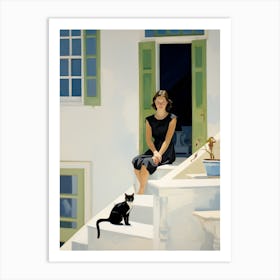 The Cat And The Woman in Oia - expressionism Art Print