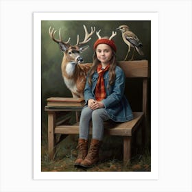 Girl And A Deer Art Print