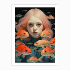 Girl Surrounded By Fish Art Print