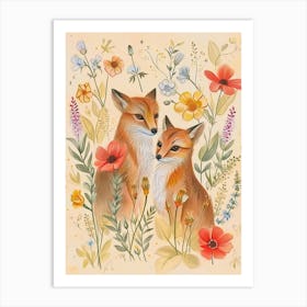 Folksy Floral Animal Drawing Fox 6 Art Print
