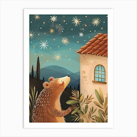 Sloth Bear Looking At A Starry Sky Storybook Illustration 2 Art Print