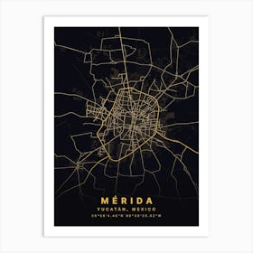 Merida Yucatan Mexico Black And Gold Map Art Print