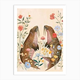 Folksy Floral Animal Drawing Walrus Art Print