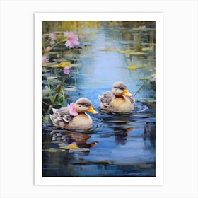 Ducklings In The River Floral Painting 1 Art Print