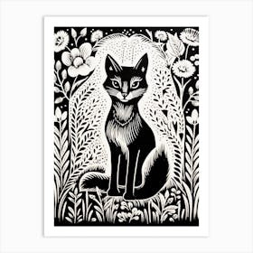 Fox In The Forest Linocut White Illustration 13 Art Print