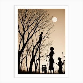 Silhouette Of Children In The Forest Art Print