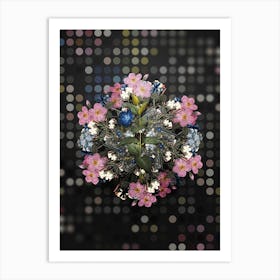 Vintage Greater Periwinkle Flower Wreath on Dot Bokeh Pattern Art Print