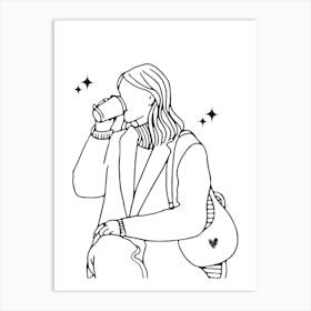 Girl Drinking Coffee Line Art Hand Drawing Illustration Art Print