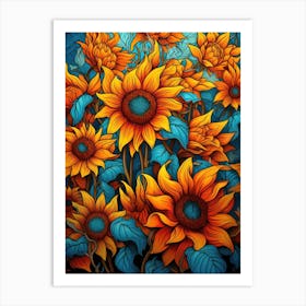 Sunflowers On A Blue Background Art Print