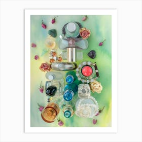 Perfume Bottles And Roses Art Print