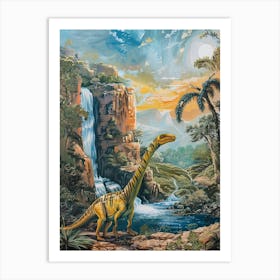 Dinosaur By A Waterfall Landscape Painting 2 Art Print