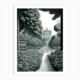 Gardens Of The Palace Of Versailles, France Linocut Black And White Vintage Art Print