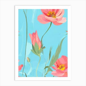 Pink Flowers On A Blue Background 1 Art Print