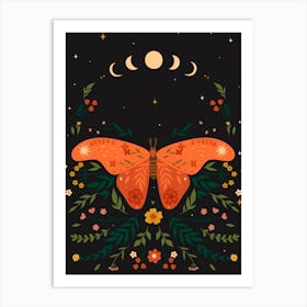 Moon And Butterfly Scandinavian Folk Art Print