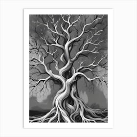 Black And White Illustration Of A Tree With Twisted Roots Art Print