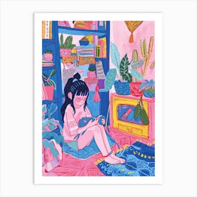 Girl Knitting Lo Fi Kawaii Illustration 4 Art Print