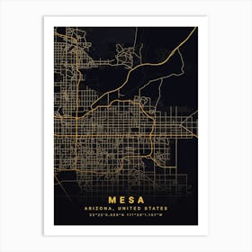 Mesa Arizona USA Black And Gold Map Art Print