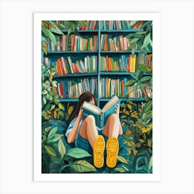 A Girl Lying On Their Back Reading Books With Yellow Rubber Shoes Placed Under Their Feet Surrounded By Various Bookshelves Filled With Colorful Books Art Print