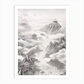 Shikoku Pilgrimage In Shikoku, Ukiyo E Black And White Line Art Drawing 3 Art Print