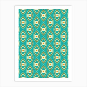 Retro Drop Shapes and Flowers, Teal Art Print