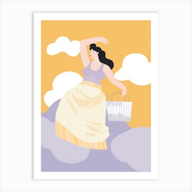 Woman With Basket On The Clouds Art Print