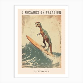 Vintage Deinonychus Dinosaur On A Surf Board 2 Poster Art Print