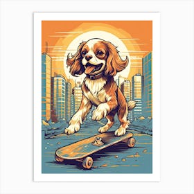 Cavalier King Charles Spaniel Dog Skateboarding Illustration 1 Art Print