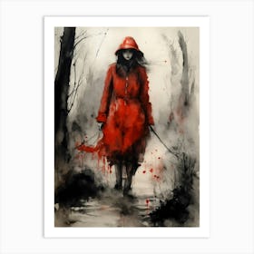 Mujer De Rojo Caminando En Un Bosque Surrealista Art Print