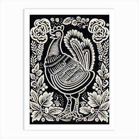 B&W Bird Linocut Turkey 1 Art Print