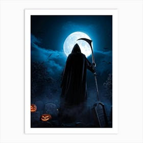 Sinister Reaper Silhouetted Against A Full Moon On Halloween Night Draped In A Tattered Black Cloak Art Print