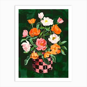 Vase with Flowers on Dark Green. Watercolor Art Print