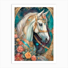 White Horse With Roses Art Print