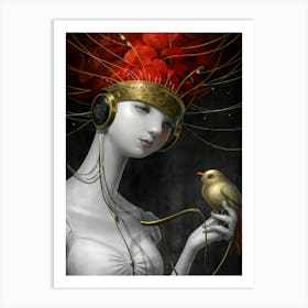 Woman With Headphones And A Bird 4 Art Print