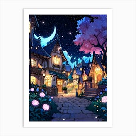 Cartoon Village At Night Art Print