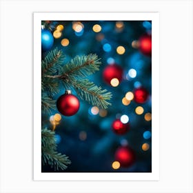 Closeup Of A Pine Tree Branch Under Night Time Setting Card Style Design With A Decorative Theme F Art Print