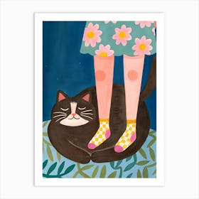 Woman Girl With Black Cat, flower dress Art Print