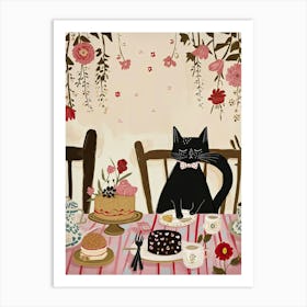 Black Cat Birthday With Cakes And Flower Painting Cat Kitchen Print Cat Lover Gift Cute Cat Print Kitchen Art Print