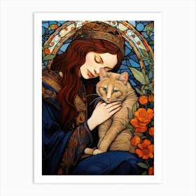 Woman and a cat Art Print