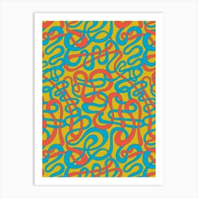 MY STRIPES ARE TANGLED Curvy Organic Abstract Squiggle Shapes in Retro Big Top Circus Colours Blue Red Teal on Mustard Yellow Art Print