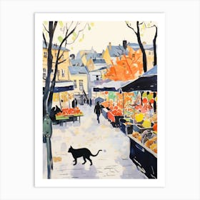 Food Market With Cats In Oslo 2 Watercolour Art Print