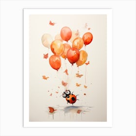 Ladybug Flying With Autumn Fall Pumpkins And Balloons Watercolour Nursery 2 Art Print