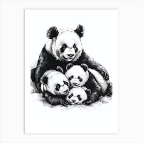 Giant Panda Family Sleeping Ink Illustration 4 Art Print