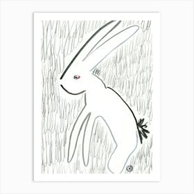 Rabbit On Grass - ink graphite pencil monochrome black and white animal hare Art Print