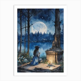 Blue Witch Tombside ~ Communing With Spirit, Sacred Space, Witchcraft Yoga Pagan Full moon Law Of Attraction Watercolor Painting Art Print