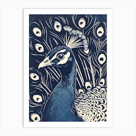 Blue Linocut Inspired Peacock Portrait 4 Art Print