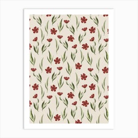 Delicate red flowers and leaves Art Print