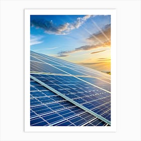 Rows Of Solar Panels Angled Towards The Setting Sun In A Field With A Dramatic Sky Art Print