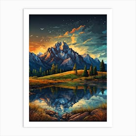 Landscape With Mountains And Lake Art Print